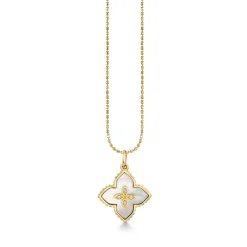 Gold, Diamond & Mother of Pearl Small Marquise Eyes Stone Inlay Moroccan Flower Charm