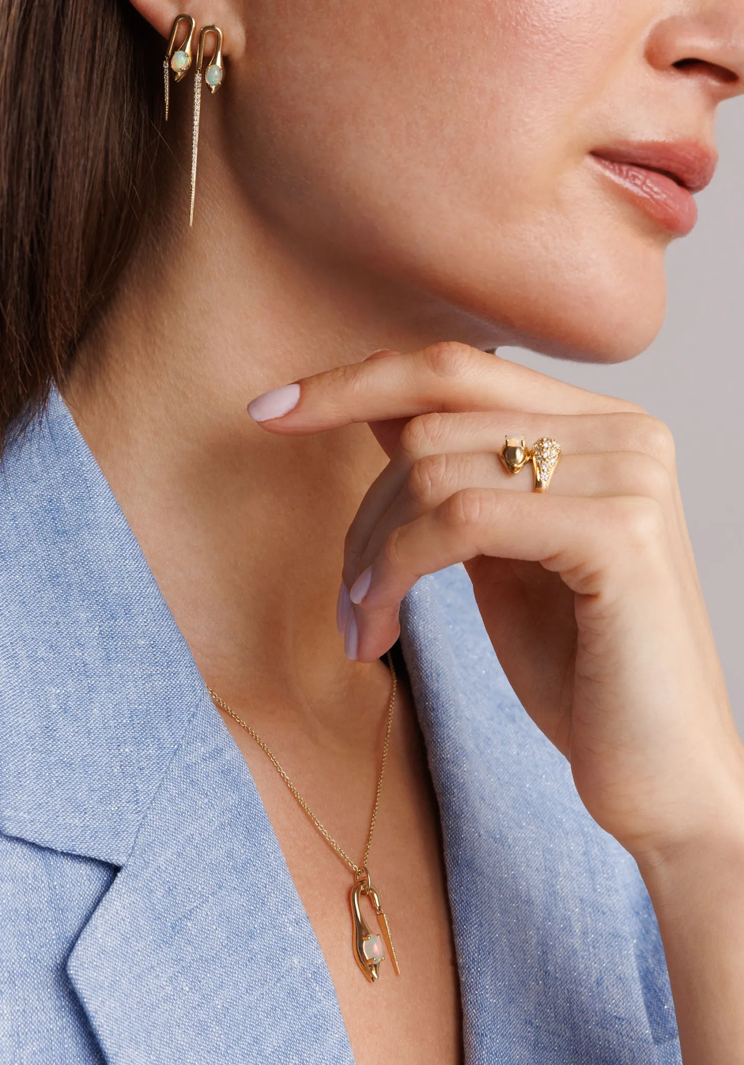 Gold, Diamond & Opal Hanging Snake Long Spike Earrings