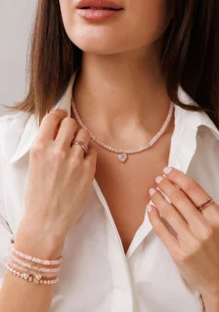 Gold, Diamond & Pink Opal Heart Beaded Necklace