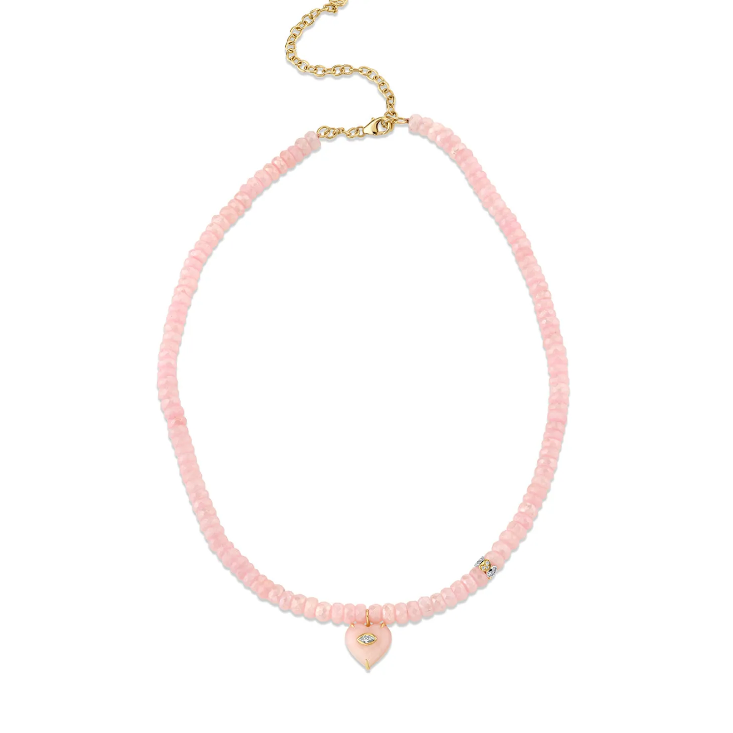 Gold, Diamond & Pink Opal Heart Beaded Necklace