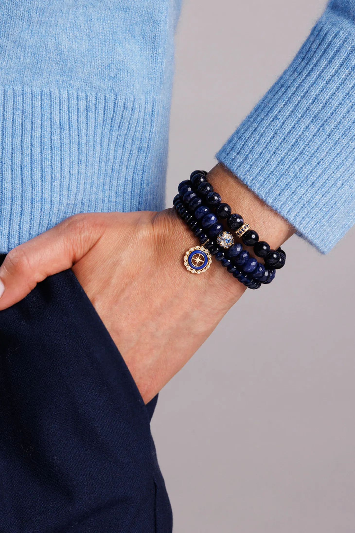 Gold, Diamond & Sapphire 8 mm Cocktail Ball Bead on Sodalite
