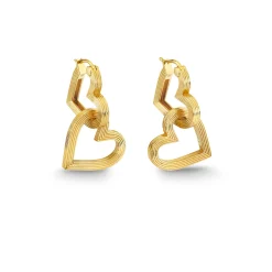 Gold Fluted Double Heart Hoops
