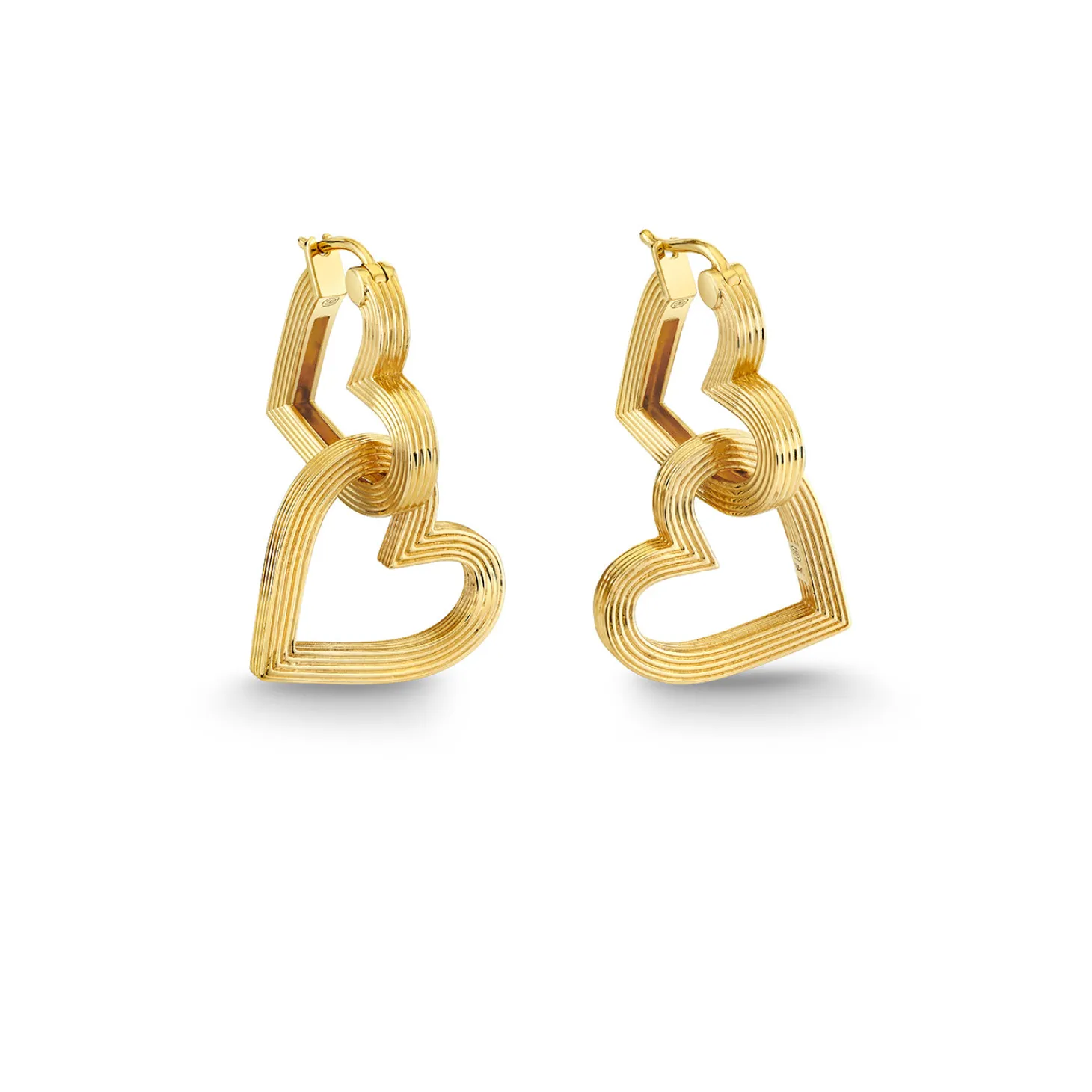 Gold Fluted Double Heart Hoops