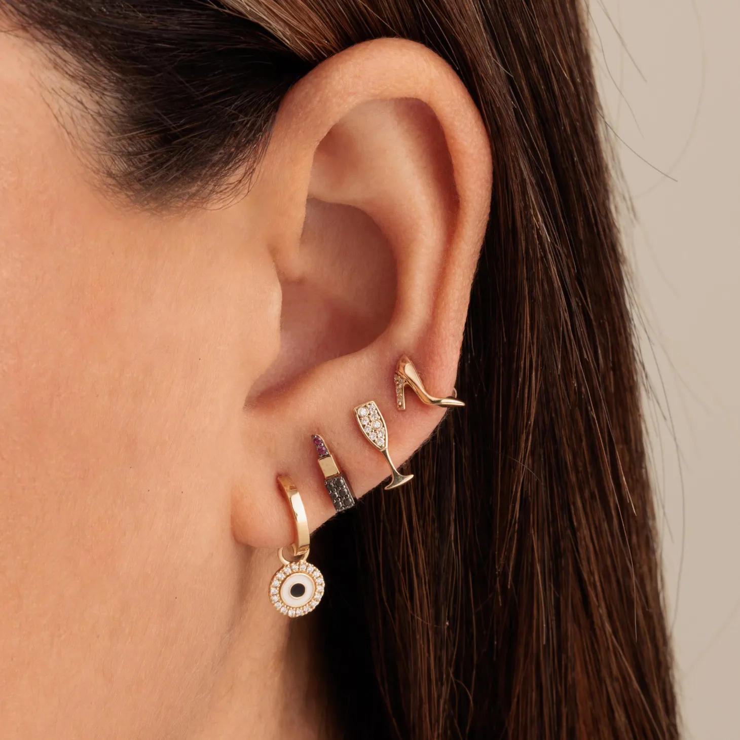 Gold Huggie Hoop and Enamel Eye Charm Hoops