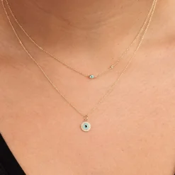 Gold Mini Enamel Eye Necklace with Bezel-Set Diamond