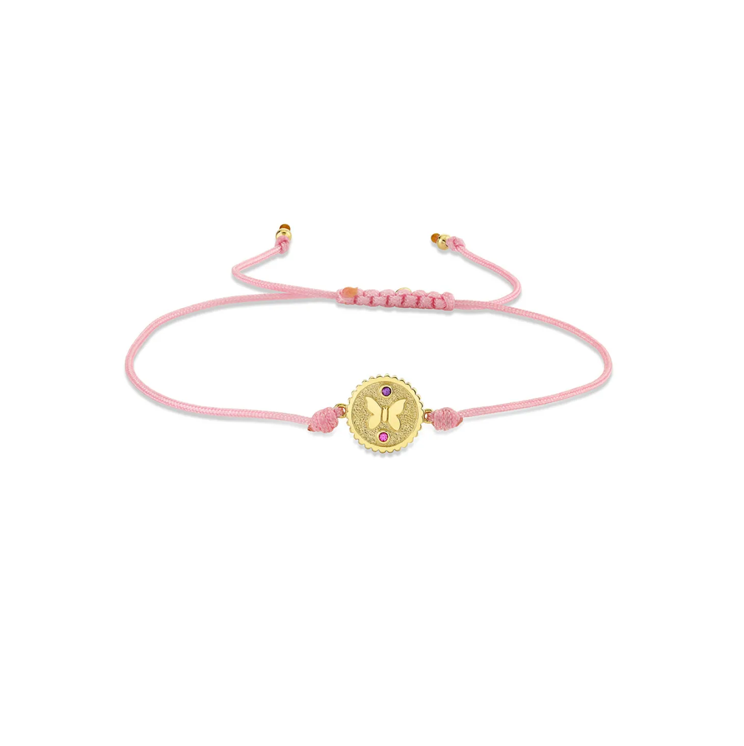 Gold, Pink Sapphire & Amethyst Wicked Glinda Butterfly Tiny Coin on Pink Cord Bracelet