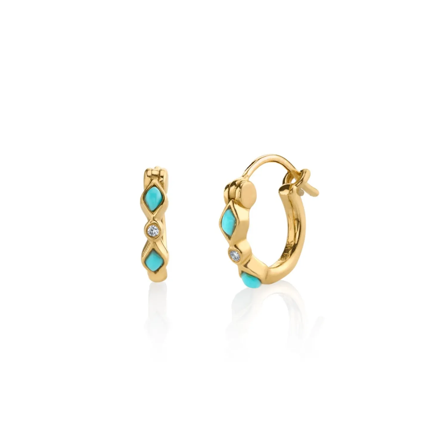 Gold Turquoise & Diamond Bezel Huggie Hoops