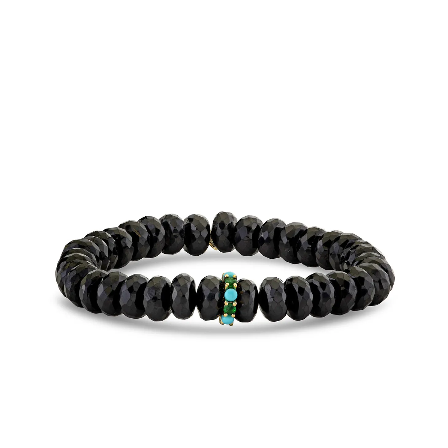Gold, Turquoise & Emerald Rondelle on Black Spinel