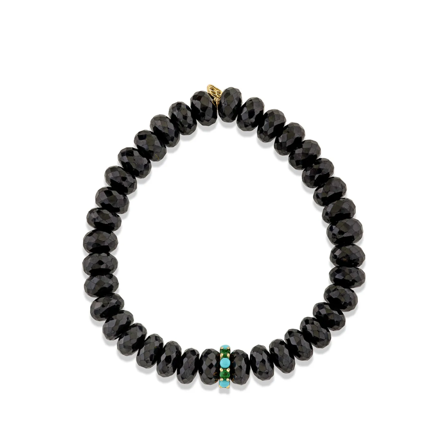 Gold, Turquoise & Emerald Rondelle on Black Spinel