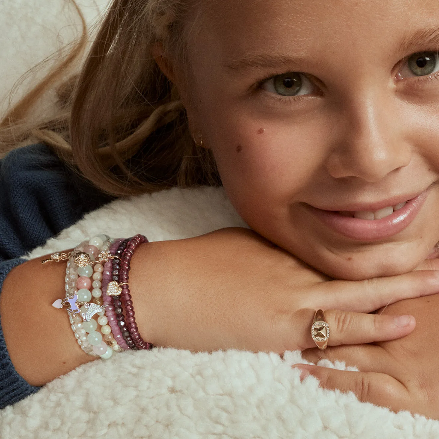 Kids Collection Gold & Enamel Heart on White Rice Pearl