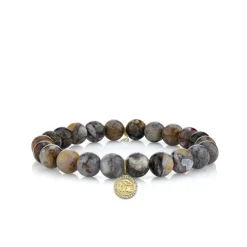 Men's Collection Gold & Diamond Tiny Luck and Protection Coin on Dark Petrified Wood
