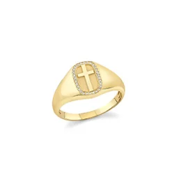 Men's Collection Gold & Diamond Cross Icon Signet Ring