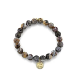 Men's Collection Gold & Diamond Tiny Luck and Protection Coin on Dark Petrified Wood