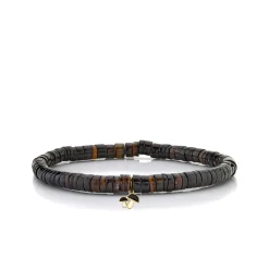 Men's Collection Gold & Enamel Tiny Mushroom on Dark Brown Heishi