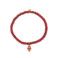 Men's Collection Gold Red Enamel Hamsa on Dark Red Jade
