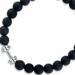 Men's Collection White Gold Dumbbell Bead on Black Matte Onyx