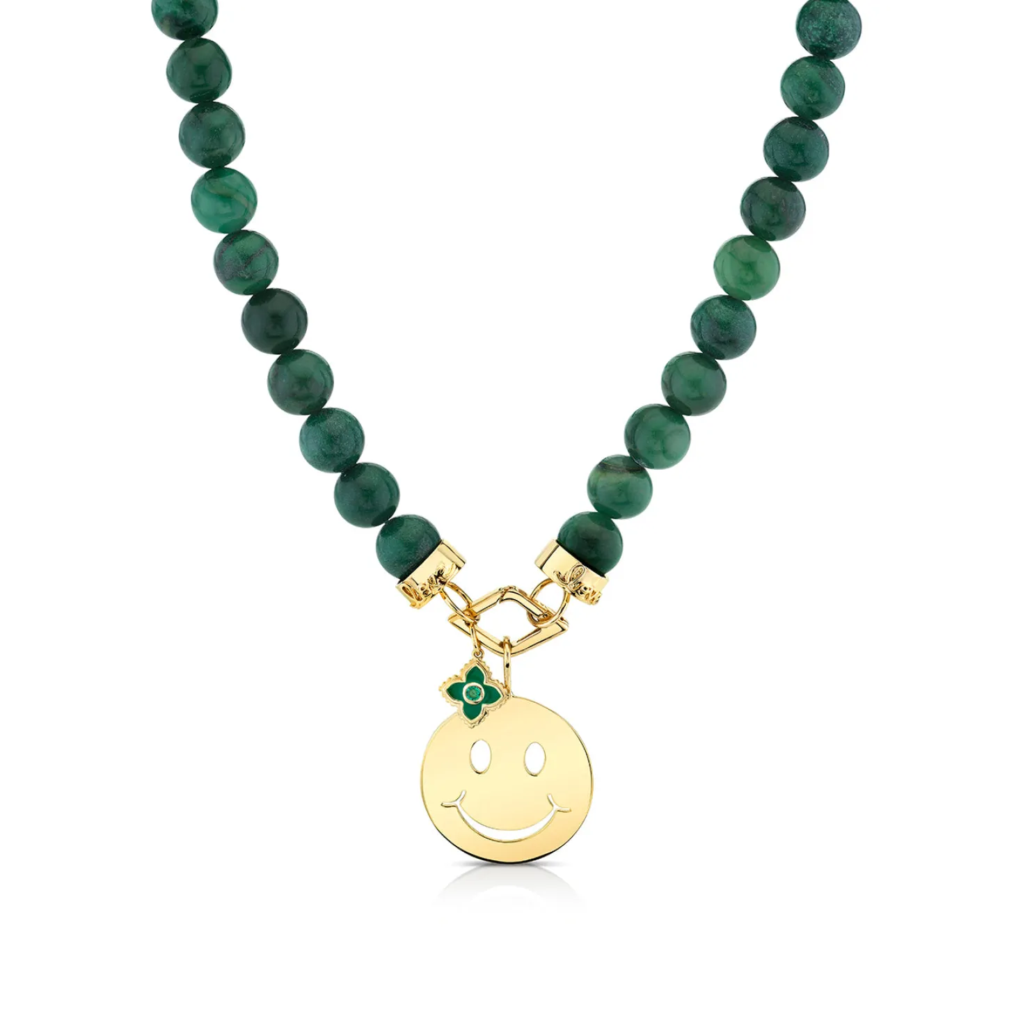Pure Gold Happy Face Emerald Moroccan Flower Verdite Necklace