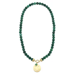 Pure Gold Happy Face Emerald Moroccan Flower Verdite Necklace
