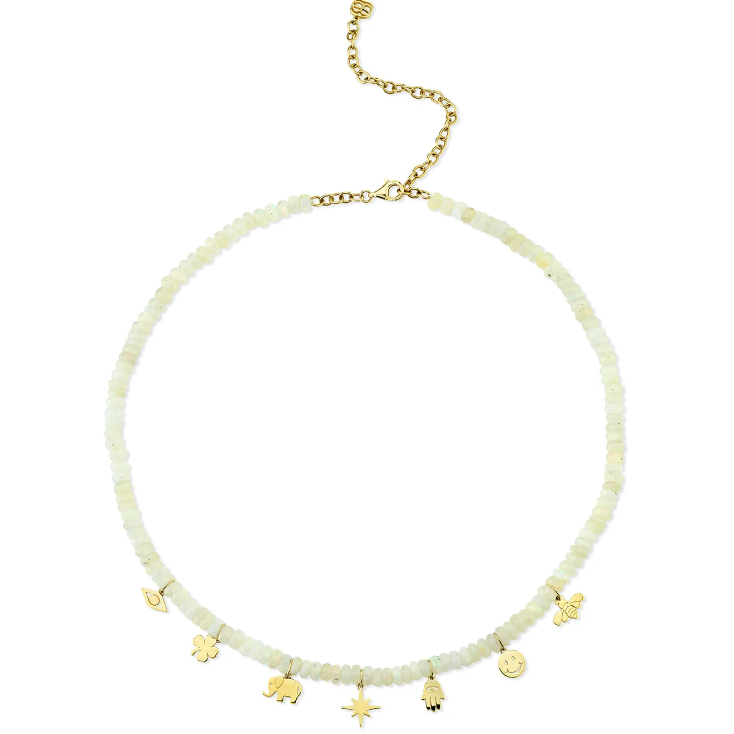 Pure Gold Multi Charm on Ethiopian Welo Opal Necklace