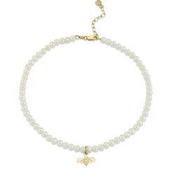 Pure Gold Tiny Bee Anklet on Fresh Water Pearls