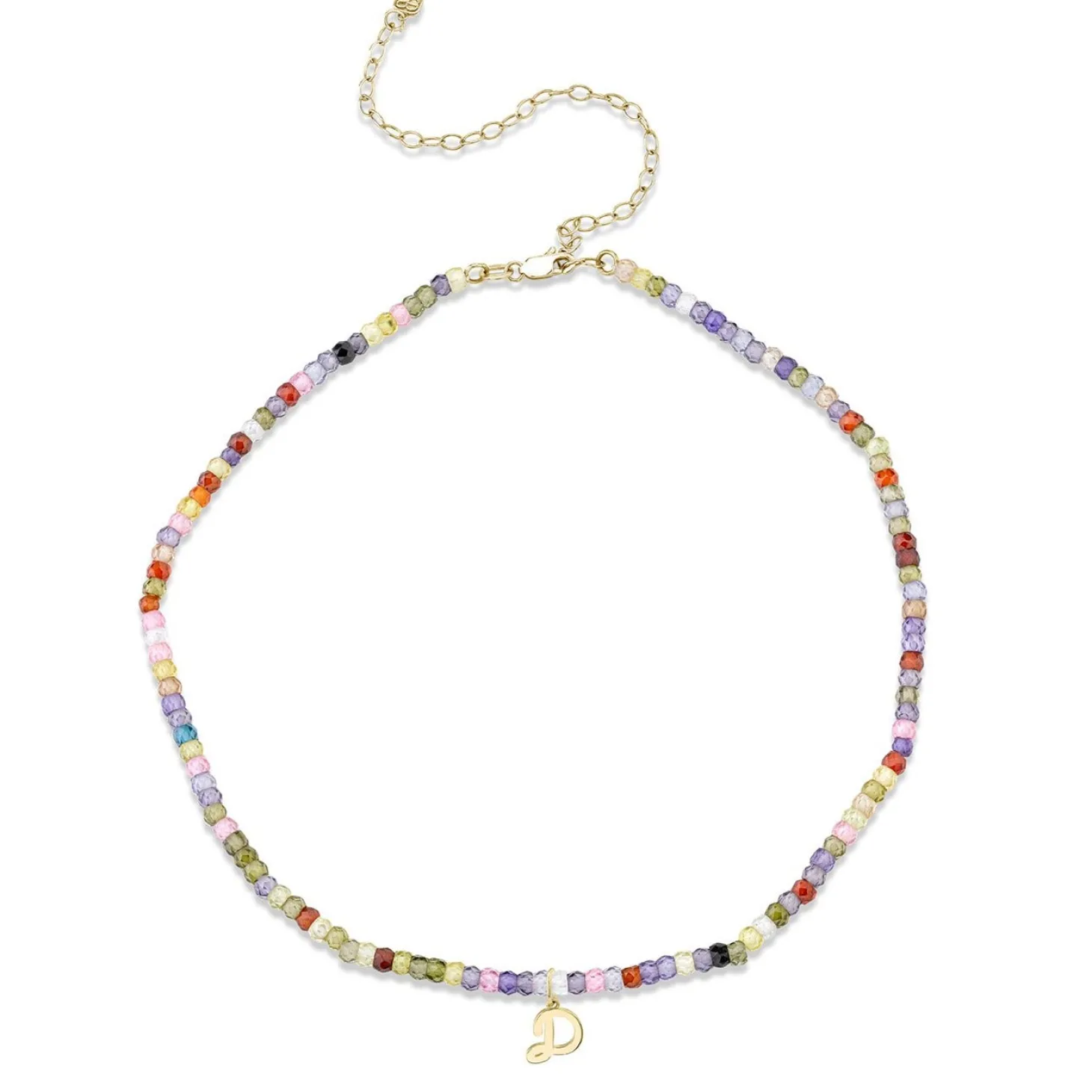 Pure Gold Tiny Initial Rainbow Zircon Choker