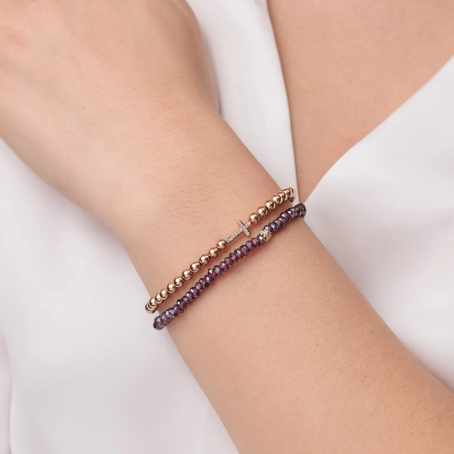 Rose Gold & Diamond Cross on 14k Rose Gold Beads