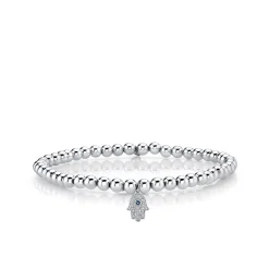 White Gold & Diamond Hamsa on White Gold Beads