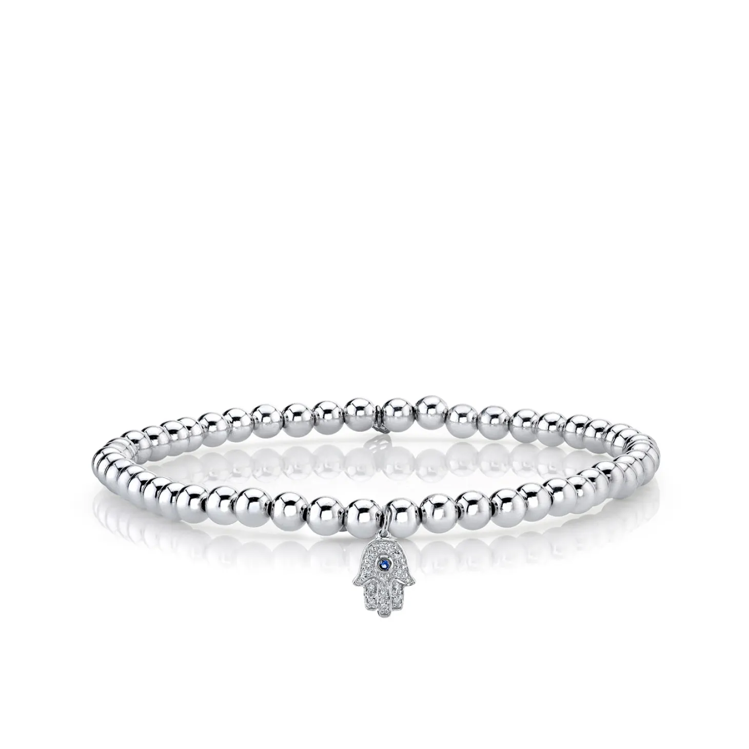 White Gold & Diamond Hamsa on White Gold Beads