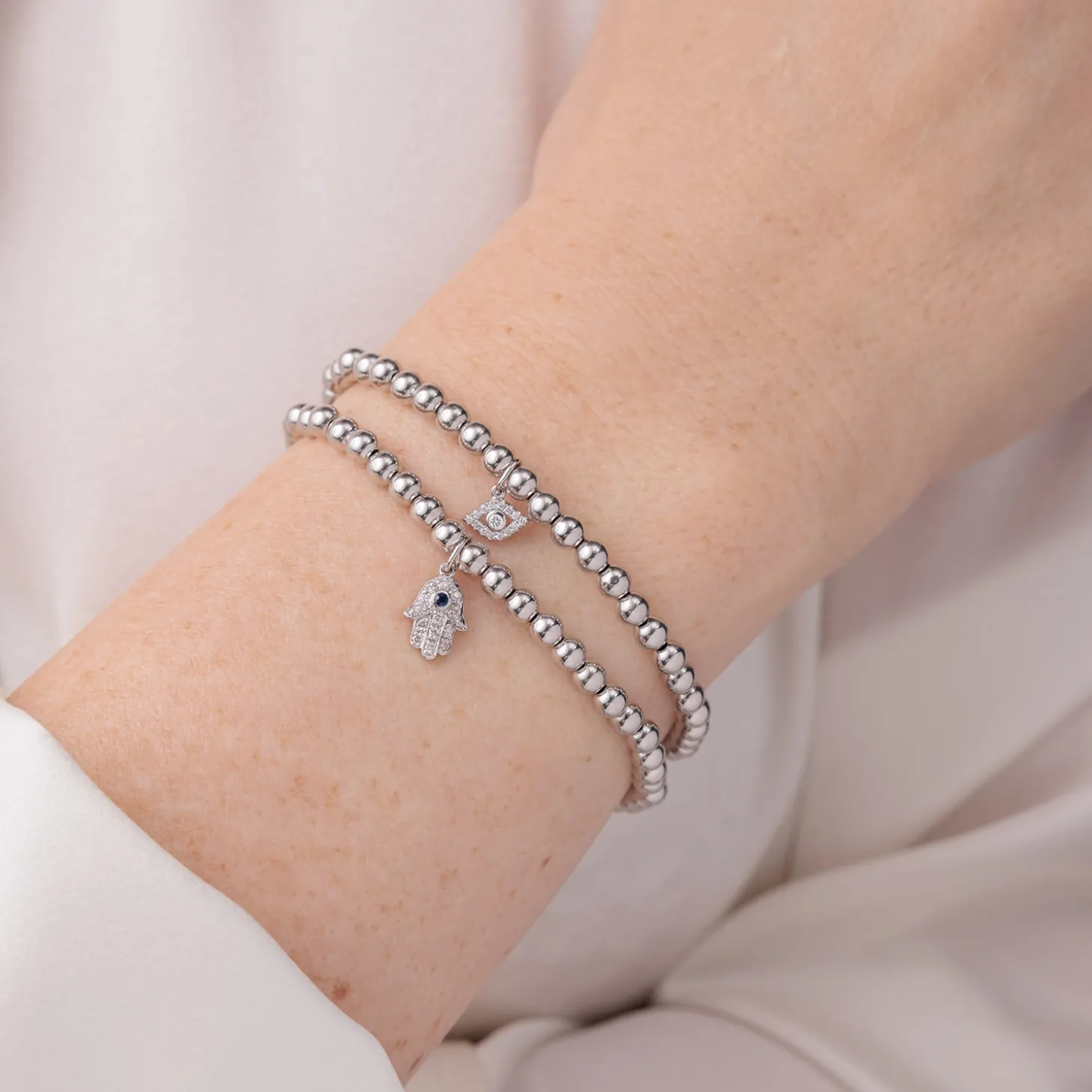 White Gold & Diamond Hamsa on White Gold Beads