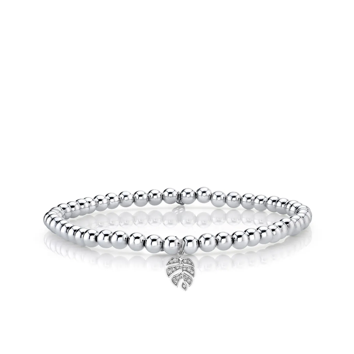 White Gold & Diamond Monstera Leaf on White Gold Beads